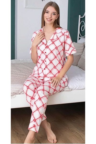 STİL E DİVERSO Alissa 6237 Women's Pink Patterned Placket Pajamas Set