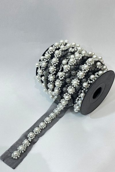 Hayalperest boncuk Pearl and Sand Bead Embroidered Ribbon with Black Background 1 Mt