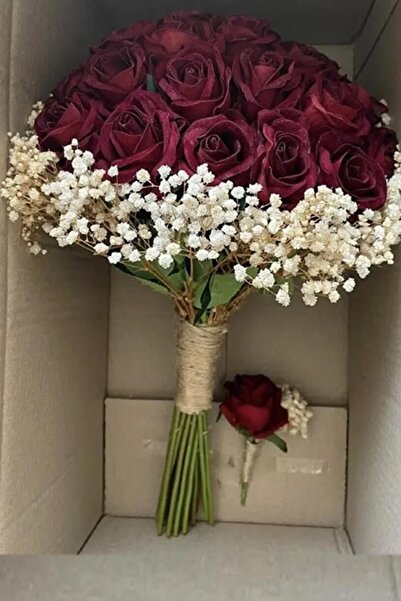 Hayalperest boncuk Bordo Gelin Buketi El Çiçegi Ve Damat Yaka Çiçegi Krem Cip...