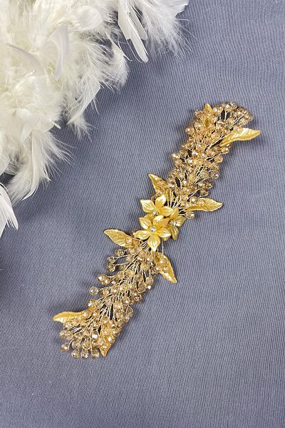 Hayalperest boncuk Honey Colored Leaf And Crystal Beaded Bridal Hair And Turban Accessory