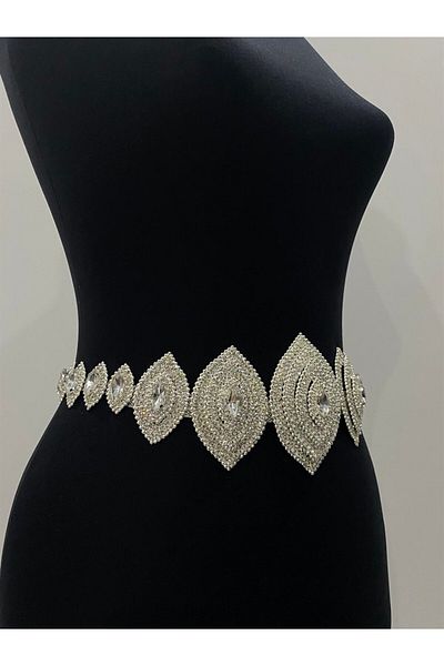 Hayalperest boncuk Rochie de seara argintie cu centura de piatra cu motiv diamantat