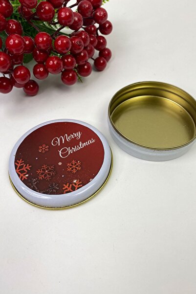 Hayalperest boncuk Teneke Kutu Yuvarlak Kırmızı Merry Christmas Baskılı