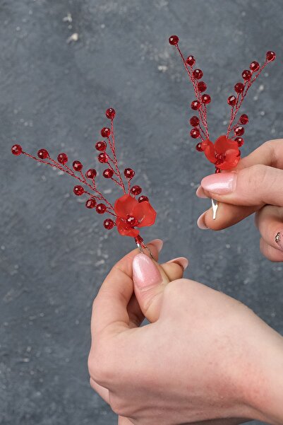 Hayalperest boncuk Accesoriu pentru păr de mireasă cu cataramă roșie Begüm 5 bucăți