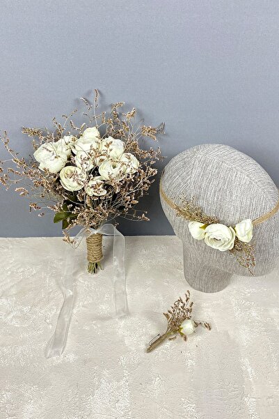 Hayalperest boncuk Krem Şakayık Çiçekli Deniz Otlu Gelin Buketi Tacı ve Yaka ...