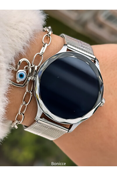 FERRO 33 mm Gümüş Hasır Çelik Kordon FSW1121A-A  Amoled Ekran Akıllı Kadın Kol Saati Bileklik Hediyeli