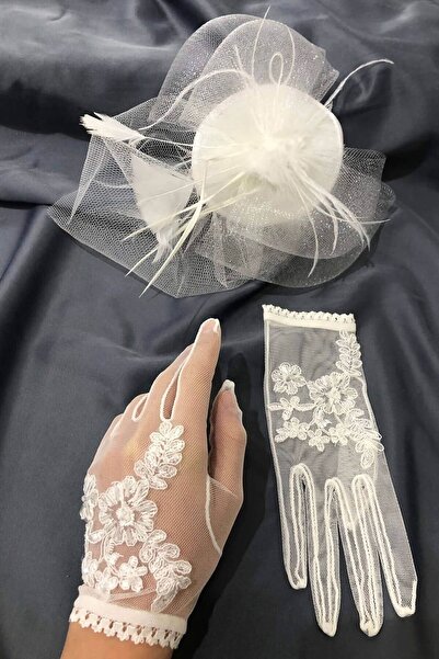Hayalperest boncuk Beyaz İşlemeli Eldiven-Vualet Nikah Şapkası
