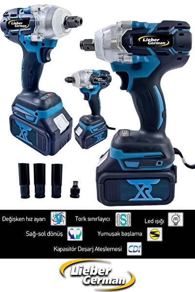 Lieber German Brushless Motor 4 Lü Set 21 V Darbeli Matkap Bijon Somun Sıkma Sökme Taşlama Spiral Kırıcı Delici