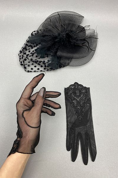 Hayalperest boncuk Polka Dot Wedding Hat and Lace Bridal Gloves