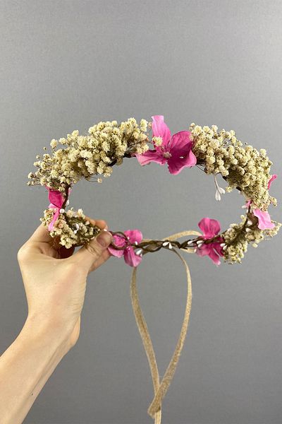 Hayalperest boncuk Ροζ ορτανσία και σοκαρισμένο Cipso Dry Floral Εξωτερική Νυφική ​​Τιάρα