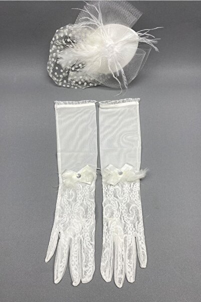 Hayalperest boncuk Dantelli Gelin Eldiveni ve Puantiyeli Nikah Şapkası