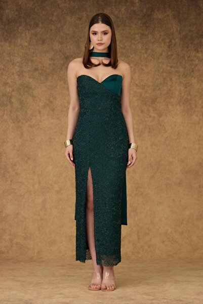 BUTİK KORİDOR Straplez İşlemeli Uzun Abiye Elbise