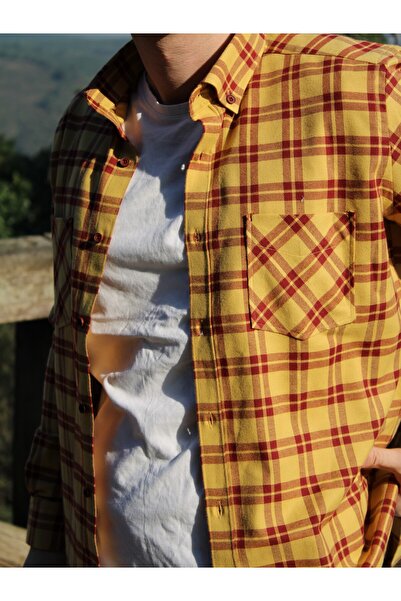 BAŞKONT Gömlek Slim Fit Baharlık Ekose Sarı Pamuklu Kumaş Düğmeli Yaka Erkek Gömlek