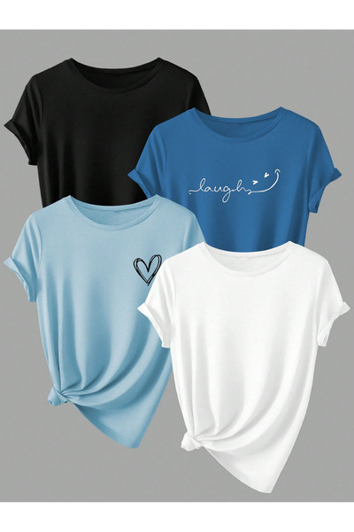 NOFLEN Unisex Πακέτο 4 τεμαχίων με στάμπα Oversize Casual T-shirt με λαιμόκοψ...