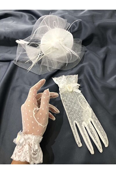 Hayalperest boncuk Beyaz Puantiyeli Eldiven- Sade Vualet Nikah Şapkası