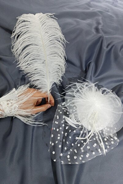 Hayalperest boncuk Beyaz Tüylü Bileklik Kalem ve Nikah Şapkası Takım