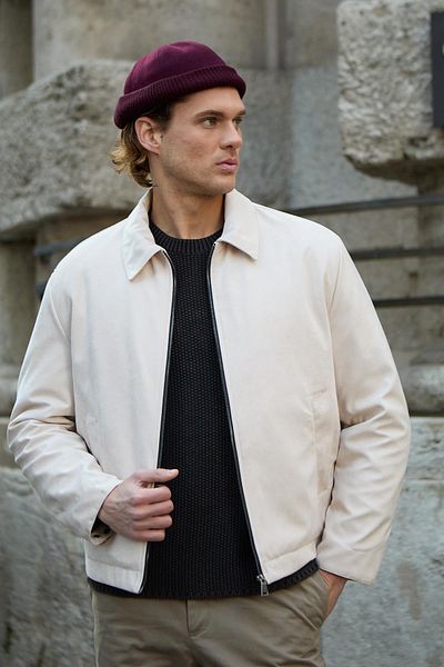 Danger Men's Leather Detailed Suede Ecru Jacket Coat