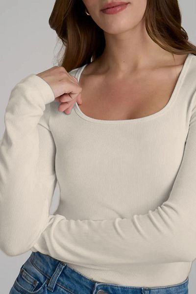 CHEISU Ecru Women's T-Shirt - Long Sleeve, Square Neck, Ribbed Camisole Blouse