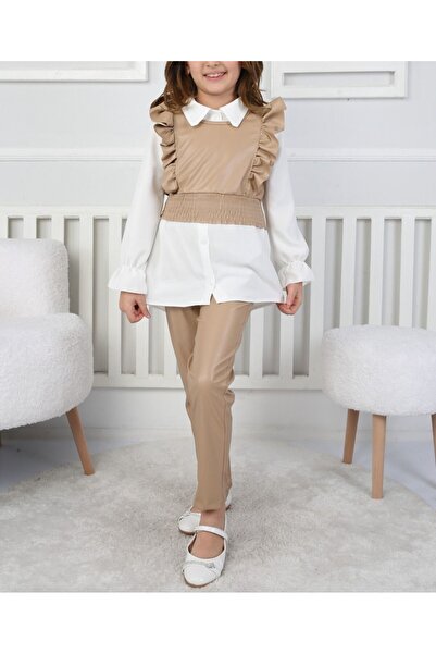 zeykid kız çocukları için gömlekli deri yelek ve pantolonlu 3'lü kombin takım