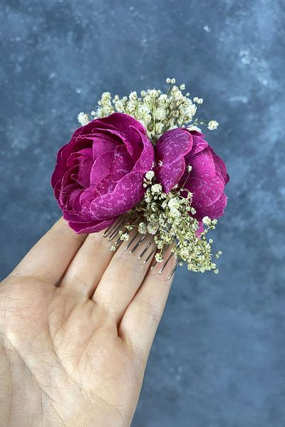 Hayalperest boncuk Dark Fuchsia Peony Flower Cipsed Comb Hair Clip