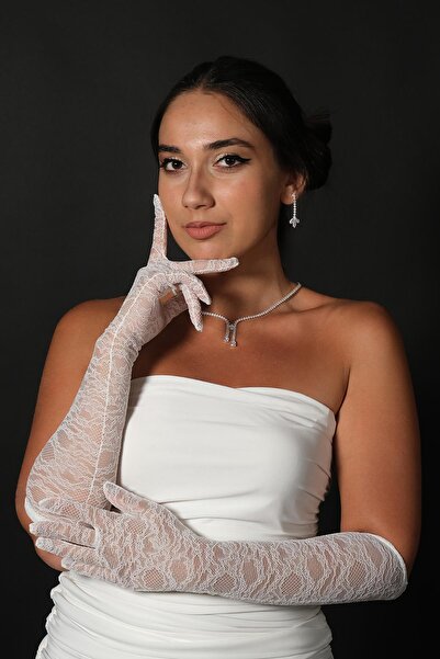 Hayalperest boncuk Likralı Dantel Uzun Gelin Eldiveni Ve Düz Vualet Nikah Şapkası