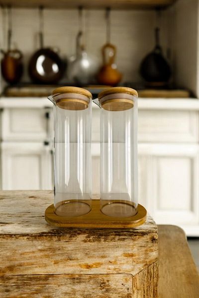 Vekorr Set of 2 Glass Vinegar Olive Oil Oil Oil Pots with Wooden Base 280 ml