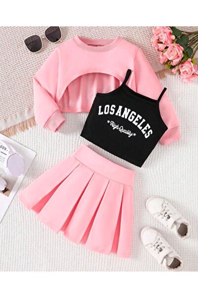 NoVibe Set 3 piese fustă plisată cu imprimeu Los Angeles pentru fete