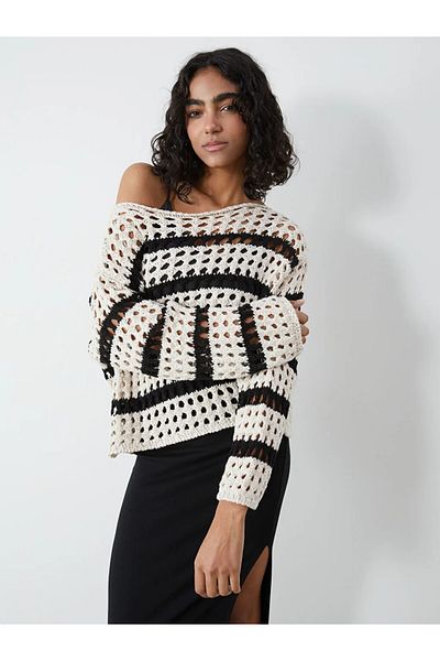 LC Waikiki Ecru Boat Neck Openwork Women's Knitwear Sweater