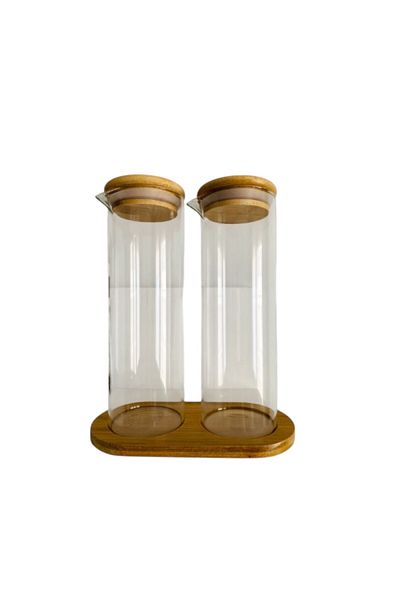Vekorr Set of 2 Glass Vinegar Olive Oil Oil Oil Pots with Wooden Base 280 ml