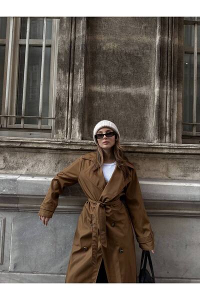 MEECY Damski płaszcz typu trencz z paskiem Bitter Brown New Season