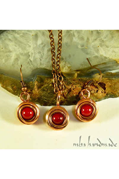 mba handmade jewelry Red Coral Pure Copper Authentic Set - Necklace, Chain and Earrings - Handmade Set
