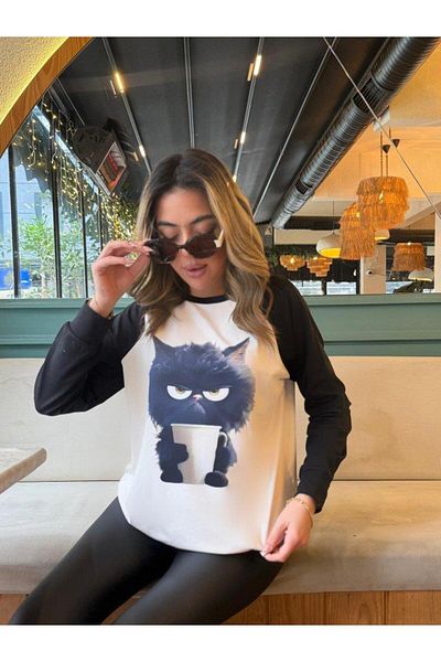 Gökyüzü Moda Women's Long Sleeve Crew Neck Cat Printed Hooded Diving Blouse