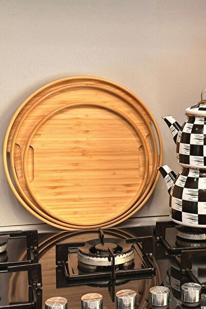 MAKRİ HOME Yuvarlak Bambu Tepsi 3'lü Set, 30 cm, 35 cm ve 38 cm Çaplarında 3 Adet Bambu Tepsi, Tutamaçlı