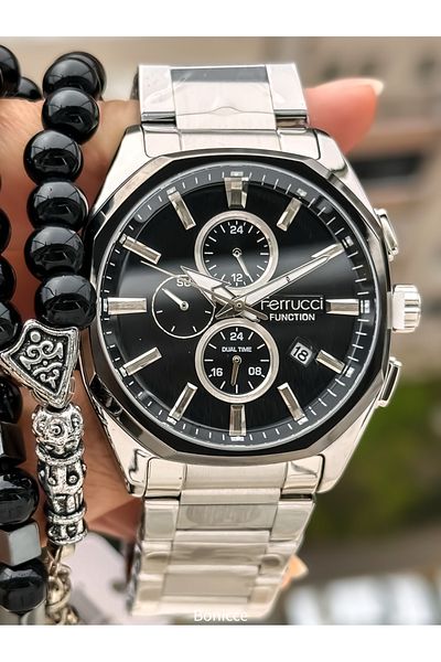 Ferrucci Brand Silver Color Steel Band, Black Dial, with Calendar, Function Men's Wrist Watch+Bracelet Rosary