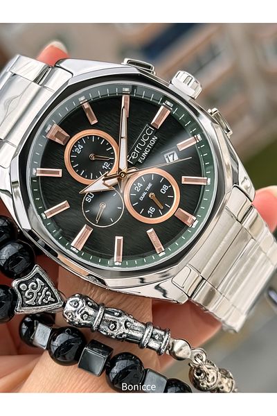 Ferrucci Men's Silver Color Steel Band Green Dial Calendar Function Wrist Watch and Bracelet Rosary