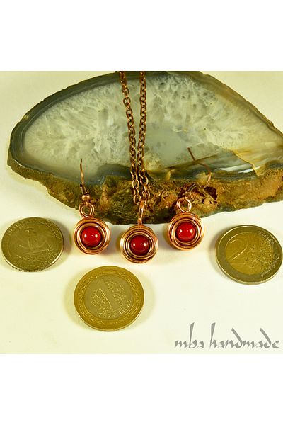 mba handmade jewelry مجموعة أصلية من النحاس النقي باللون الأحمر المرجاني - قلادة وسلسلة وأقراط - مجموعة مصنوعة يدويًا