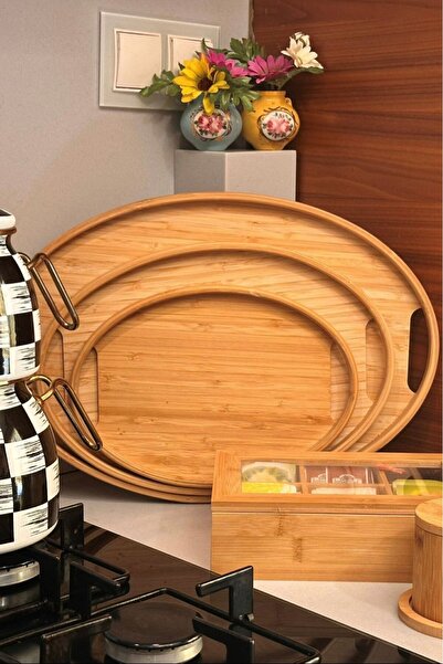 MAKRİ HOME Bambu Oval 3'lü Tepsi Seti. Küçük Tepsi: 20x29 cm. Orta Tepsi: 26x36 cm. Büyük Tepsi: 31x45 cm
