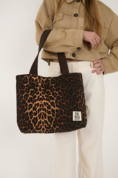 Pure Touch | Kanvas Çanta, Yıkanabilir, Astarlı, Mıknatıslı, İç Cepli, Kahverengi, Leopar Desenli