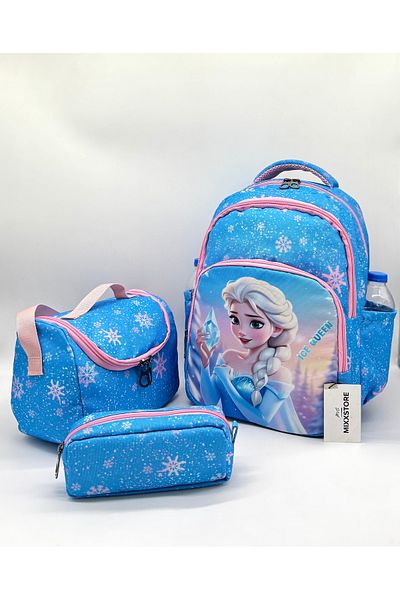 ms mixxstore Rucsac pentru fete din folie de culoare albastră cu model, cu suport pentru nutriție și stilou