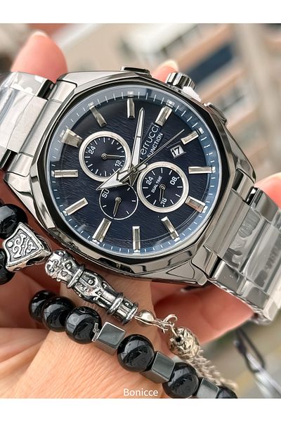 Ferrucci Navy Blue Men's Wrist Watch and Bracelet Rosary with Smoked Color Steel Band - Function