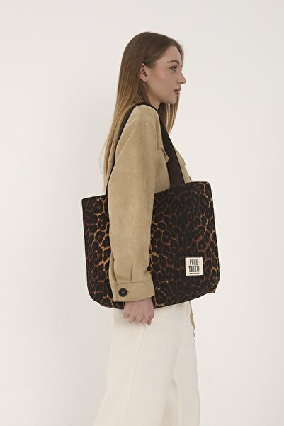 Pure Touch | Kanvas Çanta, Yıkanabilir, Astarlı, Mıknatıslı, İç Cepli, Kahverengi, Leopar Desenli