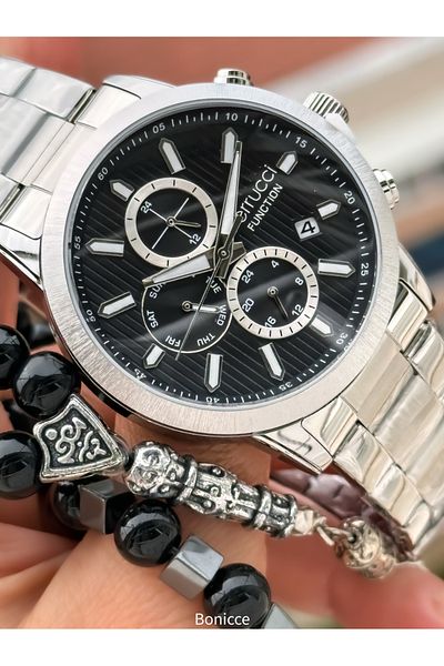 Ferrucci Brand Silver Color Steel Band,Black Dial, with Calendar, Function Men's Wrist Watch+Bracelet Rosary