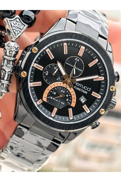 Ferrucci Brand Black Color Steel Band with Calendar, Function Men's Wrist Watch+Bracelet Rosary