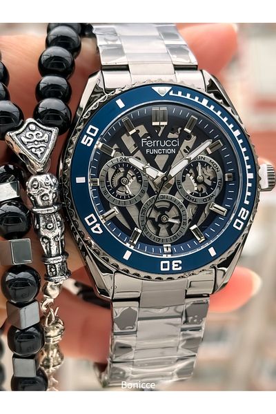 Ferrucci Brand Smoked Color Steel Band with Navy Blue Calendar, Function Men's Wrist Watch+Bracelet Rosary