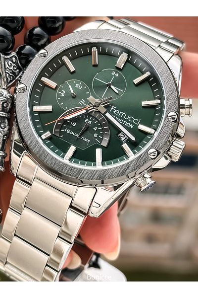 Ferrucci Brand Silver Color Steel Band, Green Dial,Calendar,Function Men's Wrist Watch+Bracelet Rosary