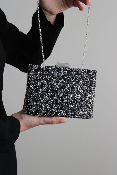 Mimoza Women's Black-White Double-Way Stone Evening Bag with Movable Handle and Chain Strap
