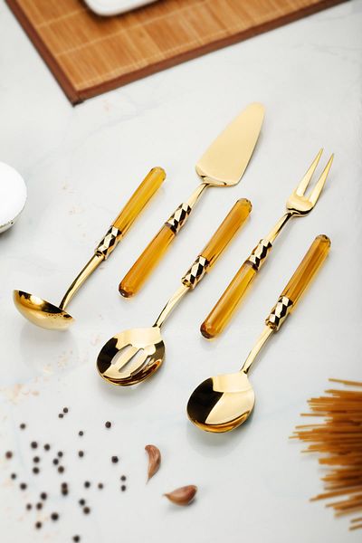AC BOX 5 Piece Gold Serving Set & Serving Presentation Set Amber (Lovel / Colander / Spatula / Fork / Spoon)