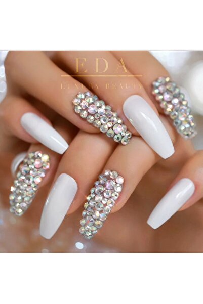 EDA LUXURY BEAUTY 24'lü Beyaz Takma Tırnak Lüks 3d Kristal Taşlı Desenli Extr...