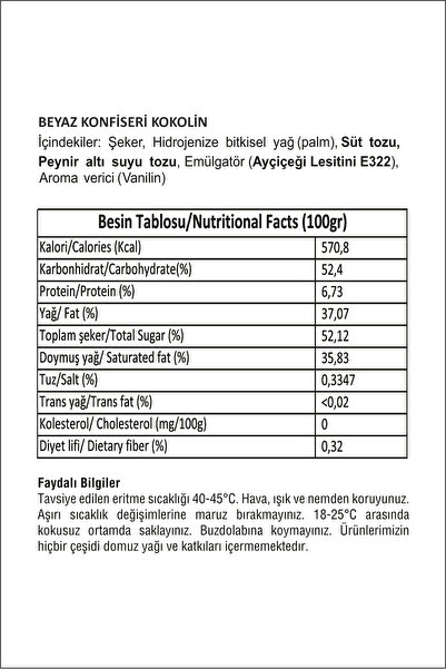 COCOMEKS Beyaz Çikolata Konfiseri Kokolin 1 Kg