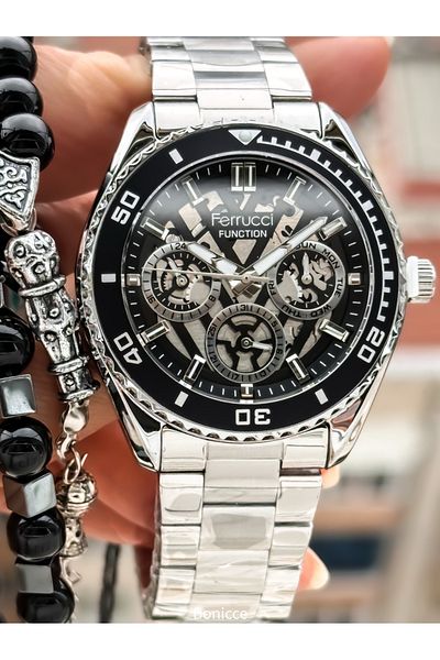 Ferrucci Brand Silver Color Steel Band,Black Dial, with Calendar, Function Men's Wrist Watch+Bracelet Rosary