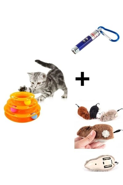 yalıpet 3 lü set3 Katlı Kedi Oyuncağı + Kurmalı Fare+ 2 Kademeli Lazer Kedi Oyuncağı